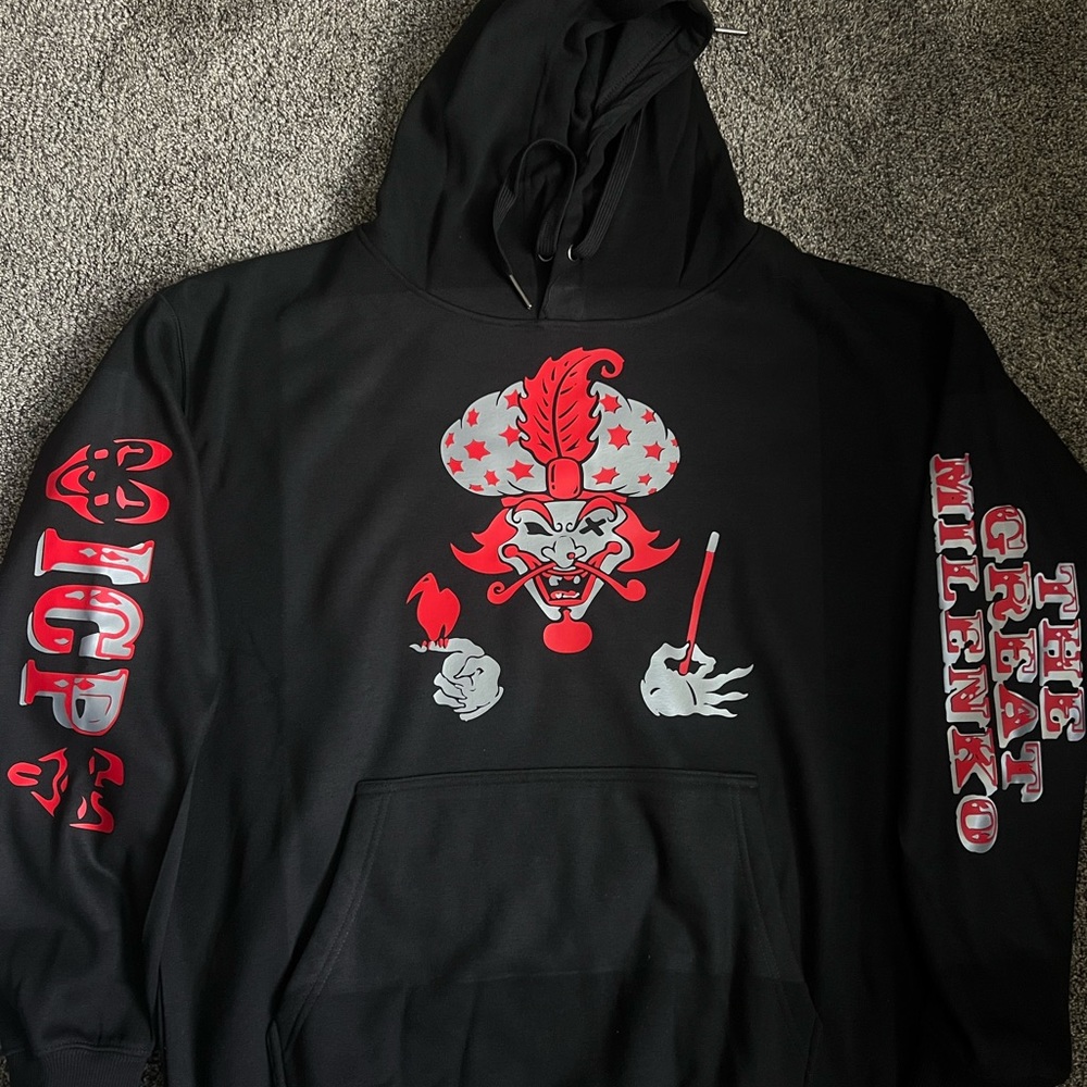 Black Graphic Pullover Hoodie with Red and White Motif